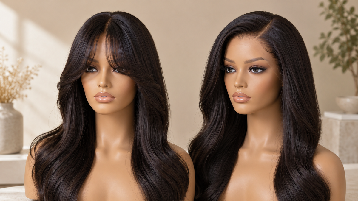 Side-by-side comparison of a wig with bangs and a lace-front wig