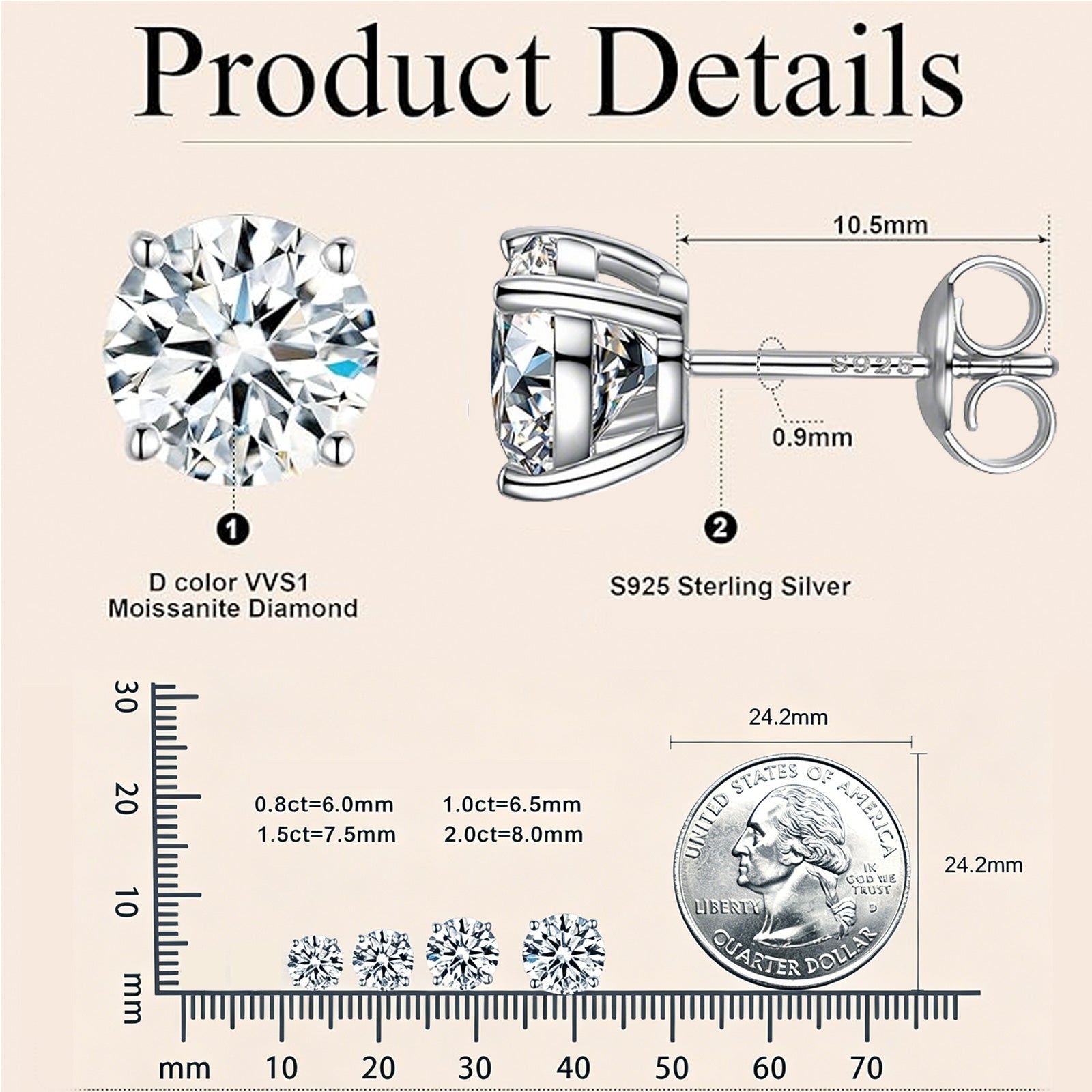 4-Prong Moissanite Stud Earrings size specifications D Color VVS1 GRA certified | Oglowa