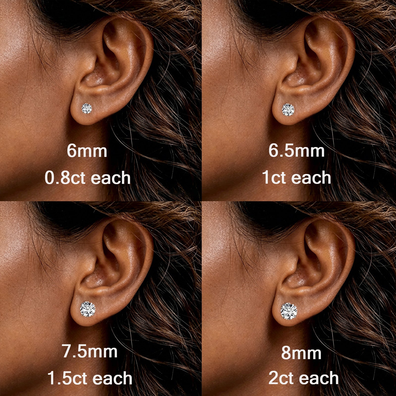 Moissanite Stud Earrings size comparison on ear 0.8ct 1ct 1.5ct 2ct options | Oglowa