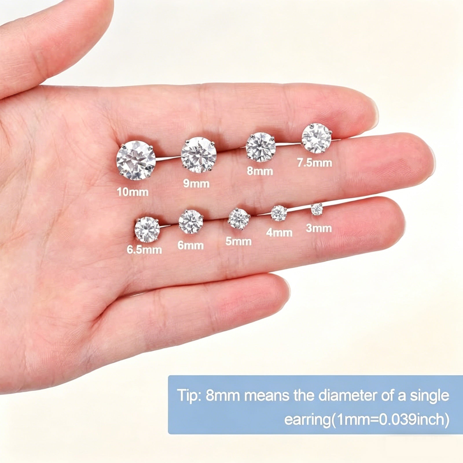 4-Prong Moissanite Stud Earrings hand size comparison showing scale | Oglowa