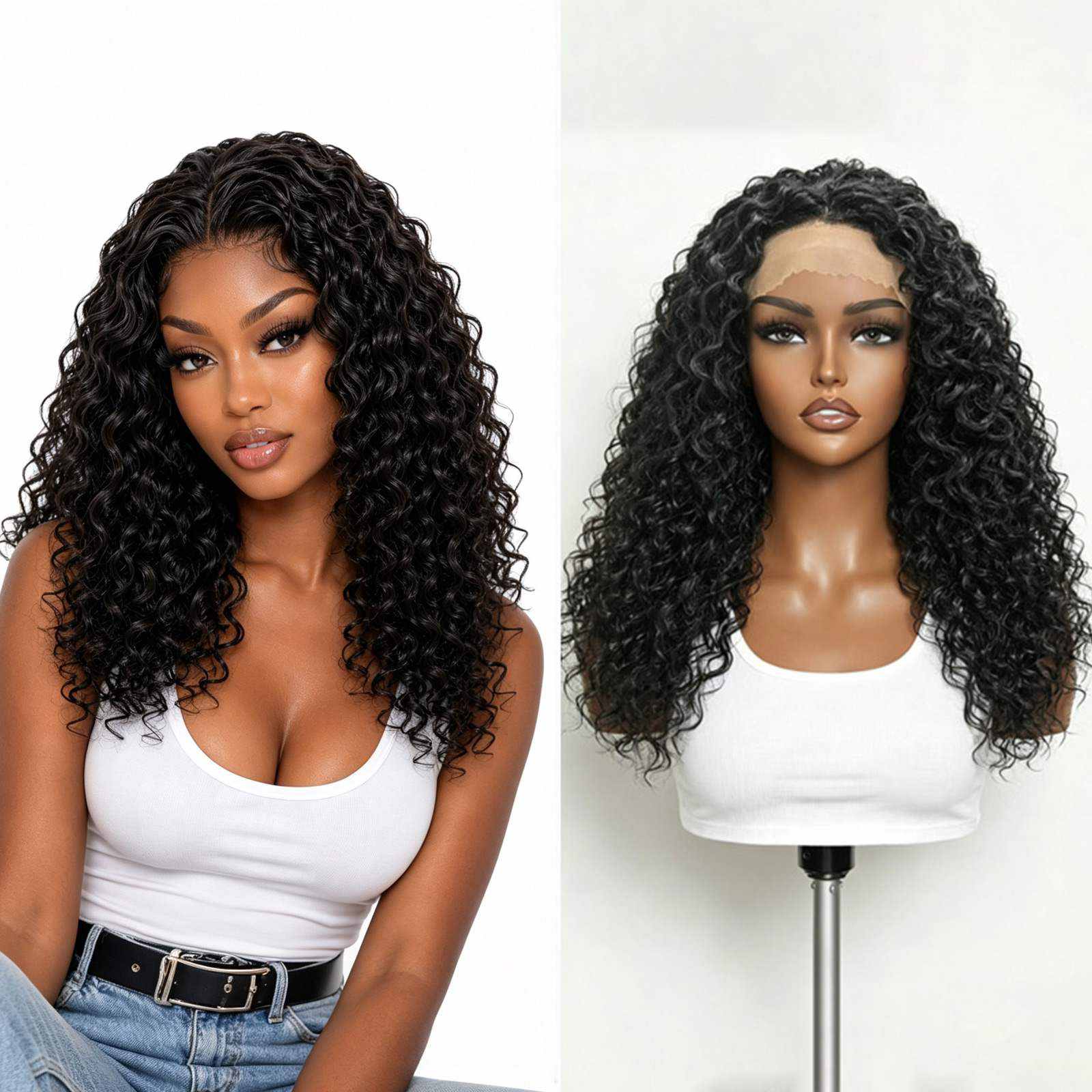 Glueless Curly Lace Front Wig | Natural Black | 21 Inch front model view | Oglowa