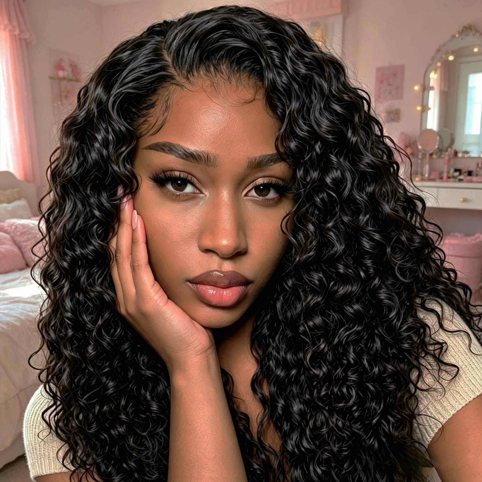Glueless Curly Lace Front Wig | Natural Black | 21 Inch side profile view | Oglowa