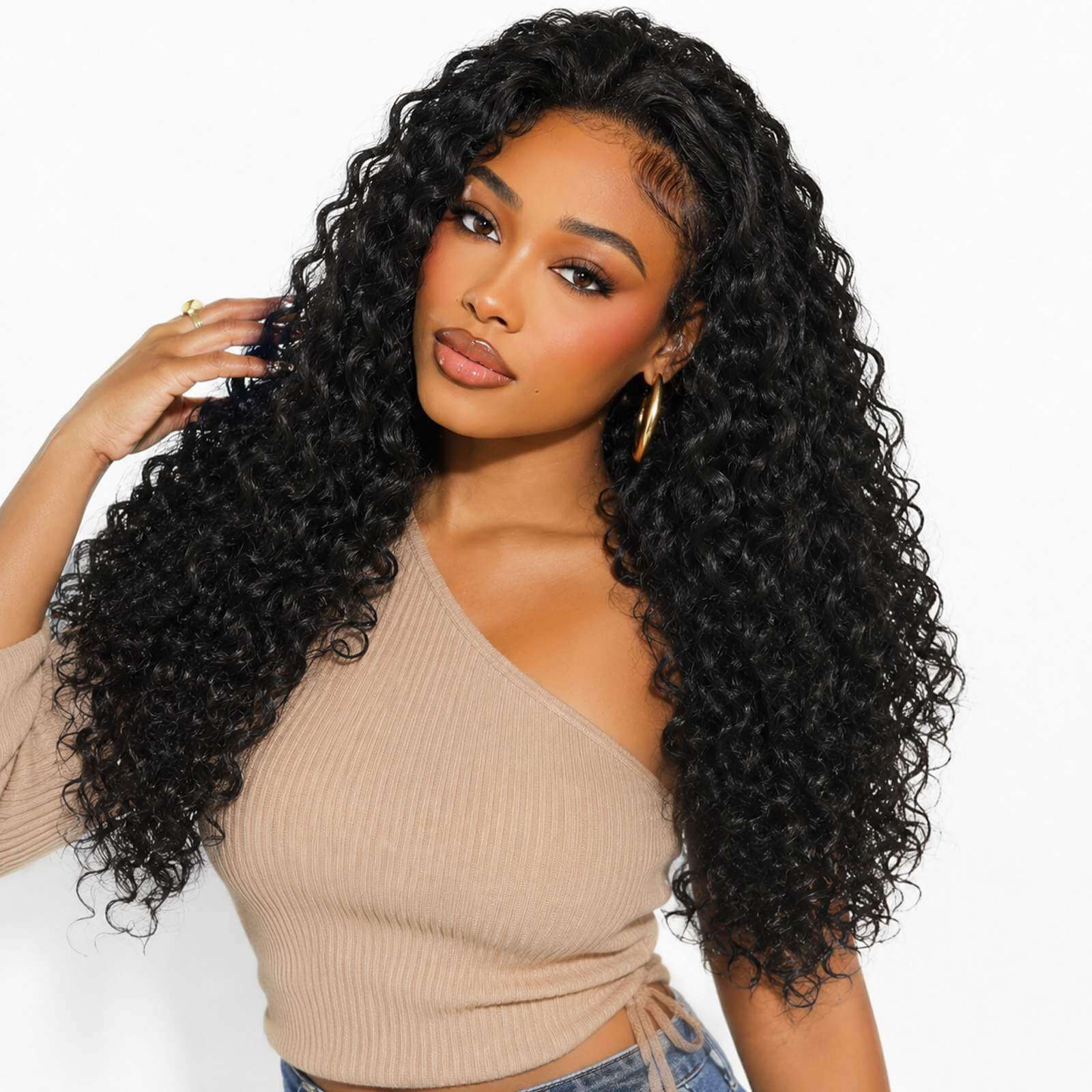 27 Inch Glueless Water Wave Lace Front Wig side profile model view | Oglowa