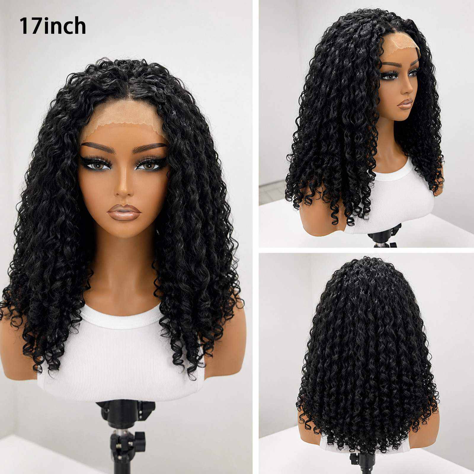 Glueless Kinky Curly Wig | Natural Black | 17 Inch lifestyle model view | Oglowa