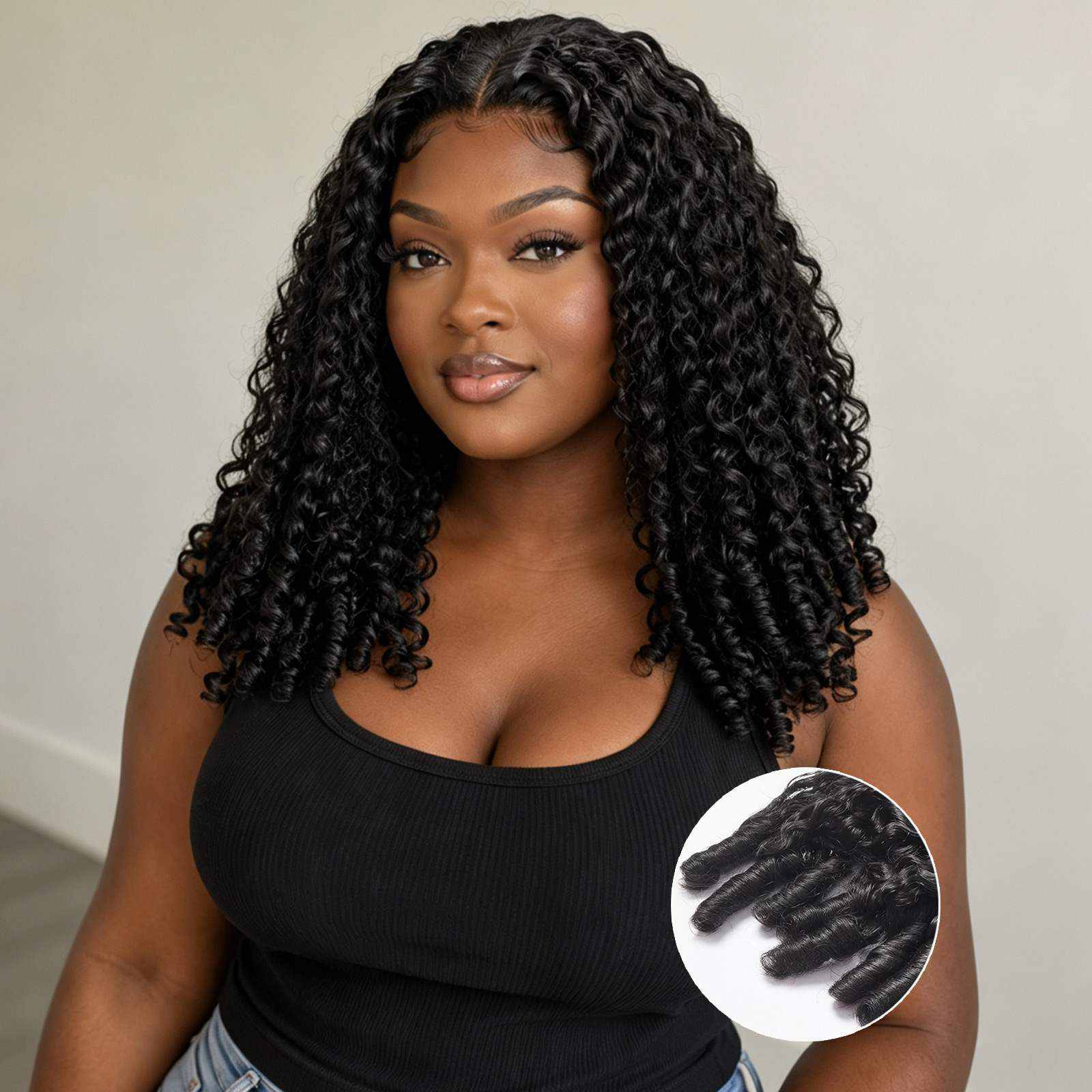 Glueless Kinky Curly Wig | Natural Black | 17 Inch full length model view | Oglowa